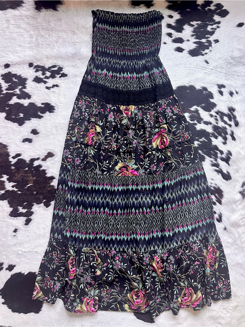 Vintage American Rag Black Maxi Dress with Pink Floral Print